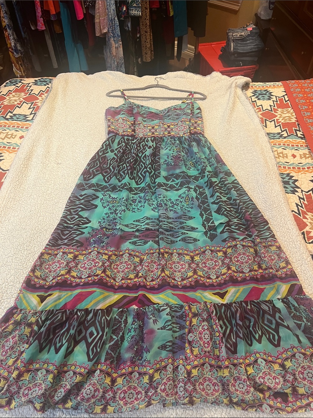 Betsey Johnson Teal and Purple Printed Spaghetti-Strap Maxi Dress